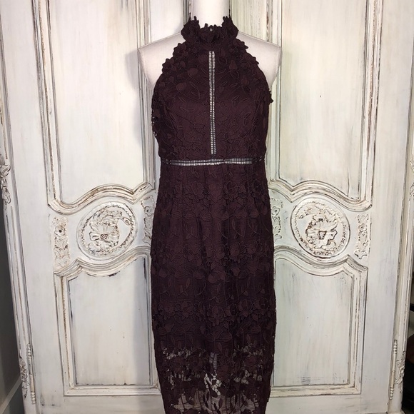 Bardot Deep Burgundy Lace Overlay Hater Backless Occasions Dress Size 8/M - Picture 1 of 13